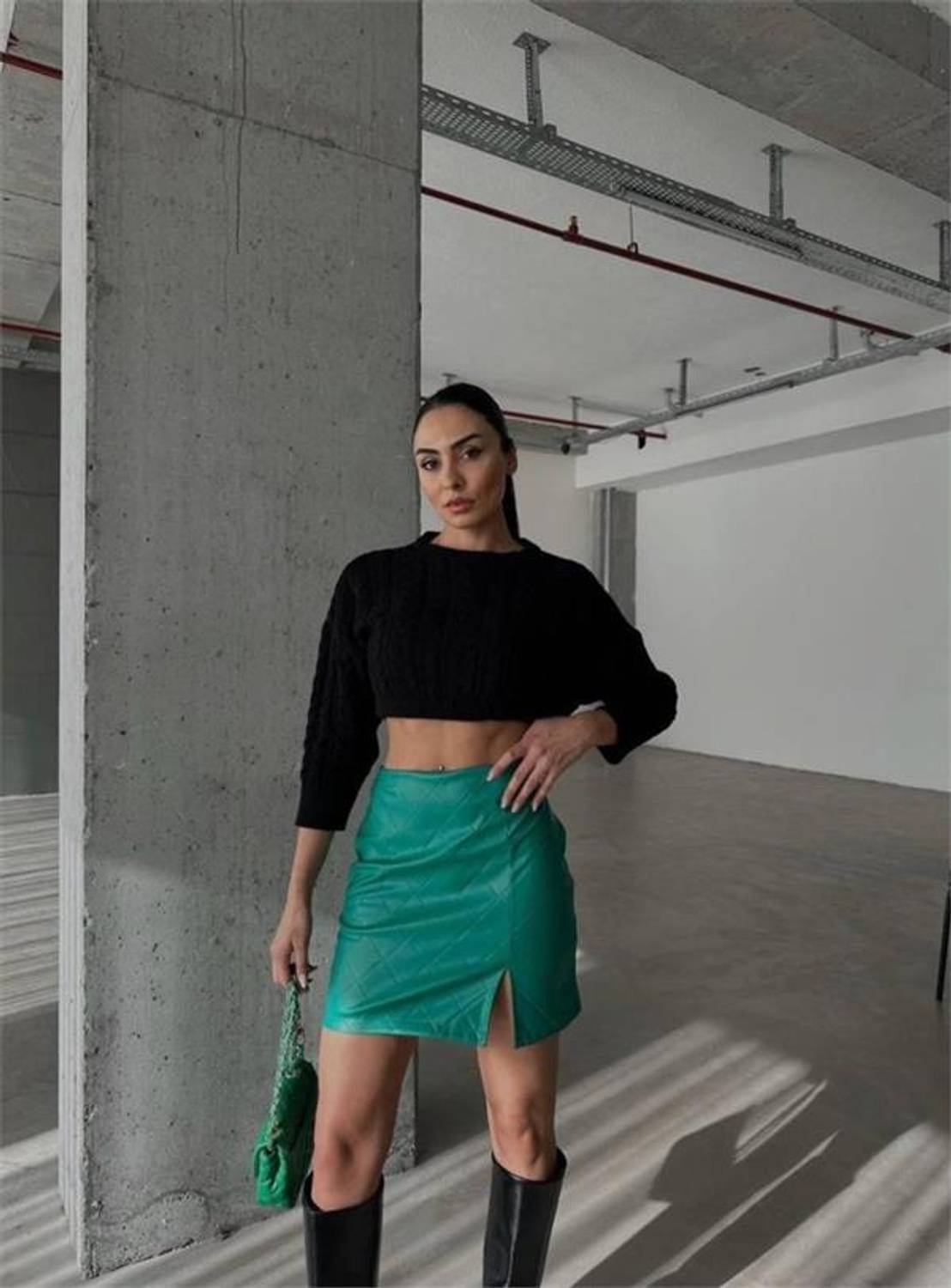 KAPİTONE DERİ ETEK YIRTMAÇLI - Yeşil