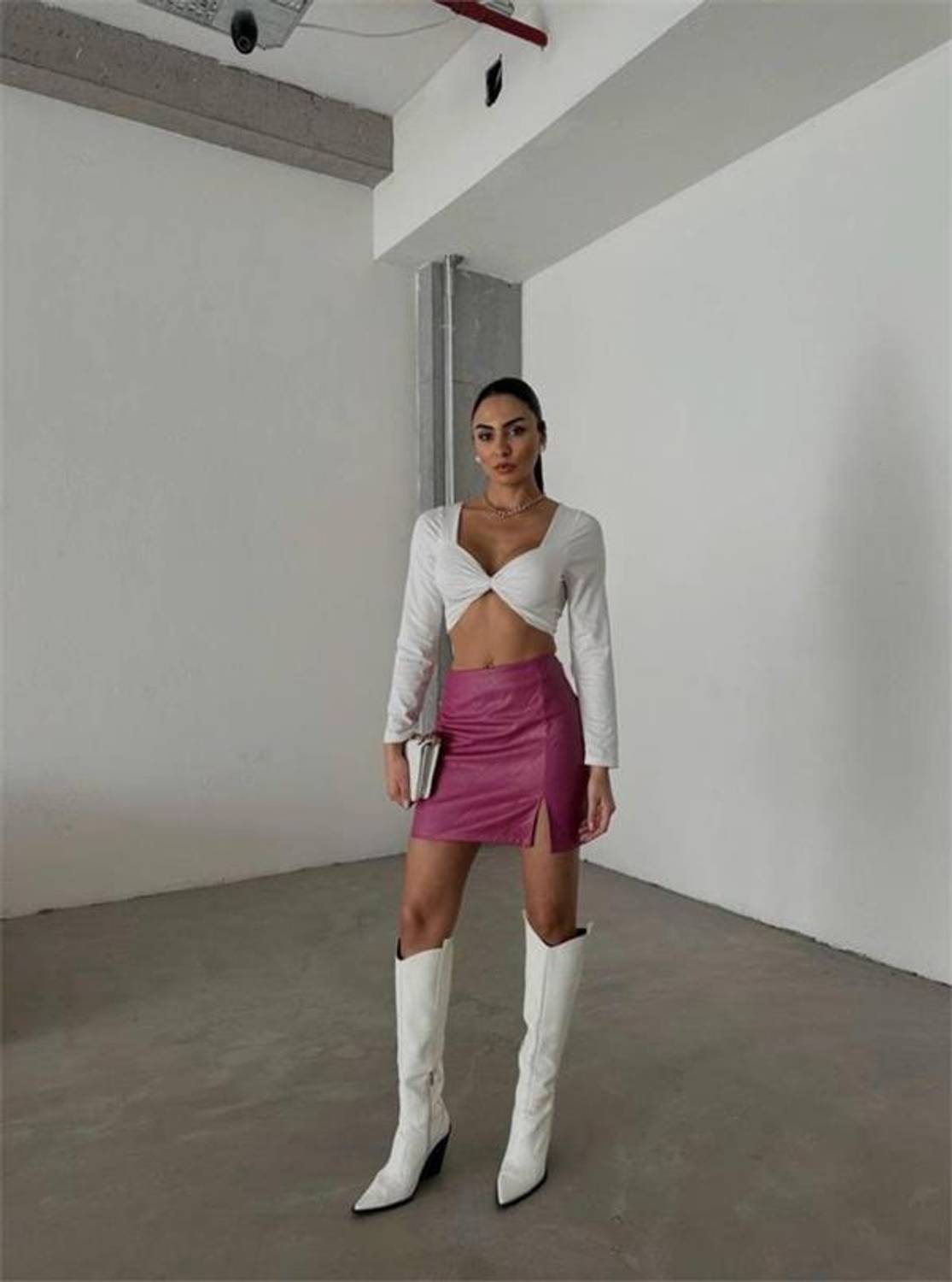 KAPİTONE DERİ ETEK YIRTMAÇLI - Fuşya