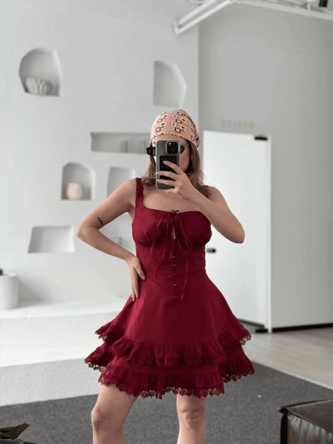 Fırfırlı Askılı Mini Elbise - Bordo