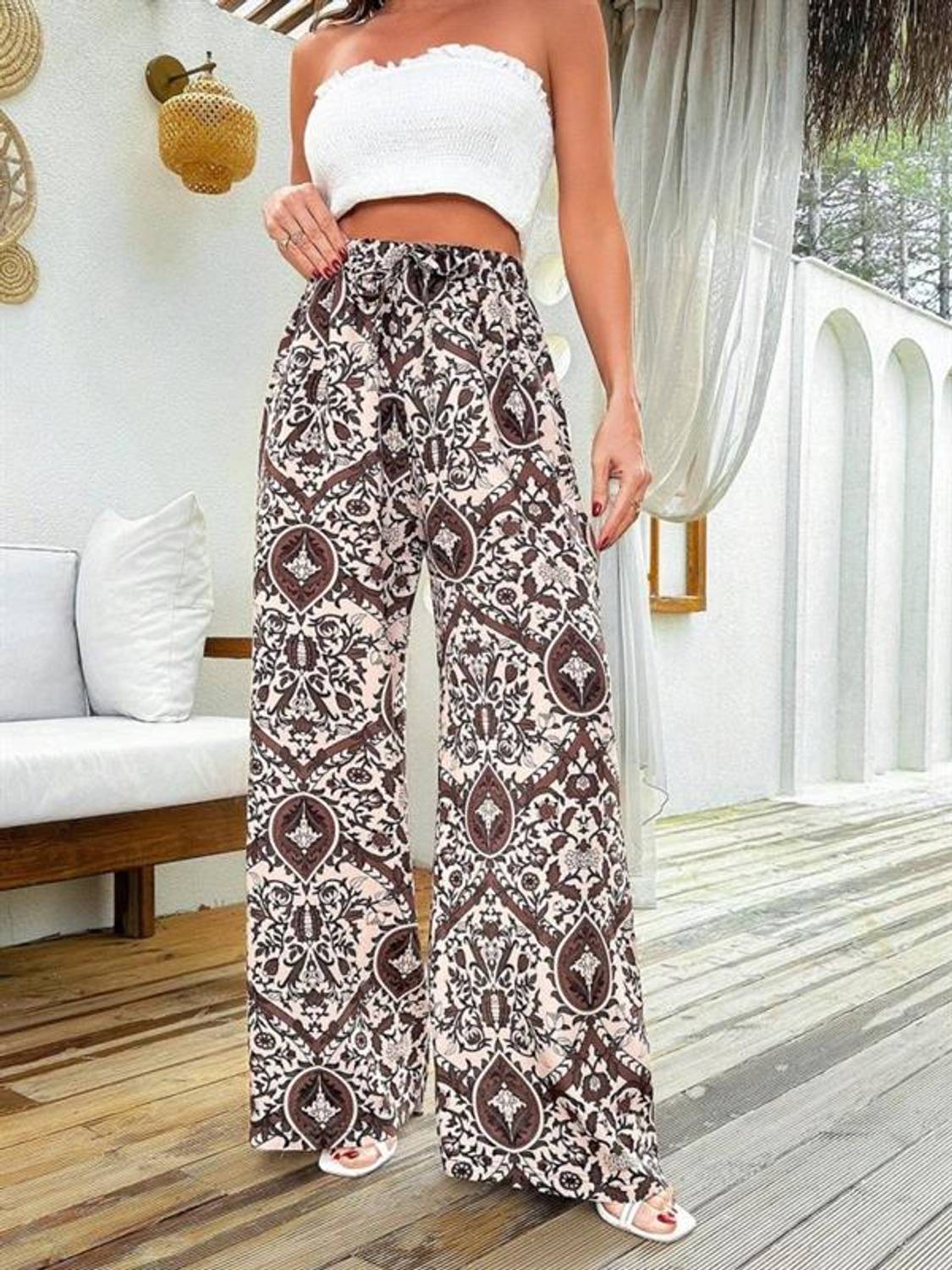 Kadın Yüksek Bel Etnik Desen Dokuma Viskon Salaş Pantolon