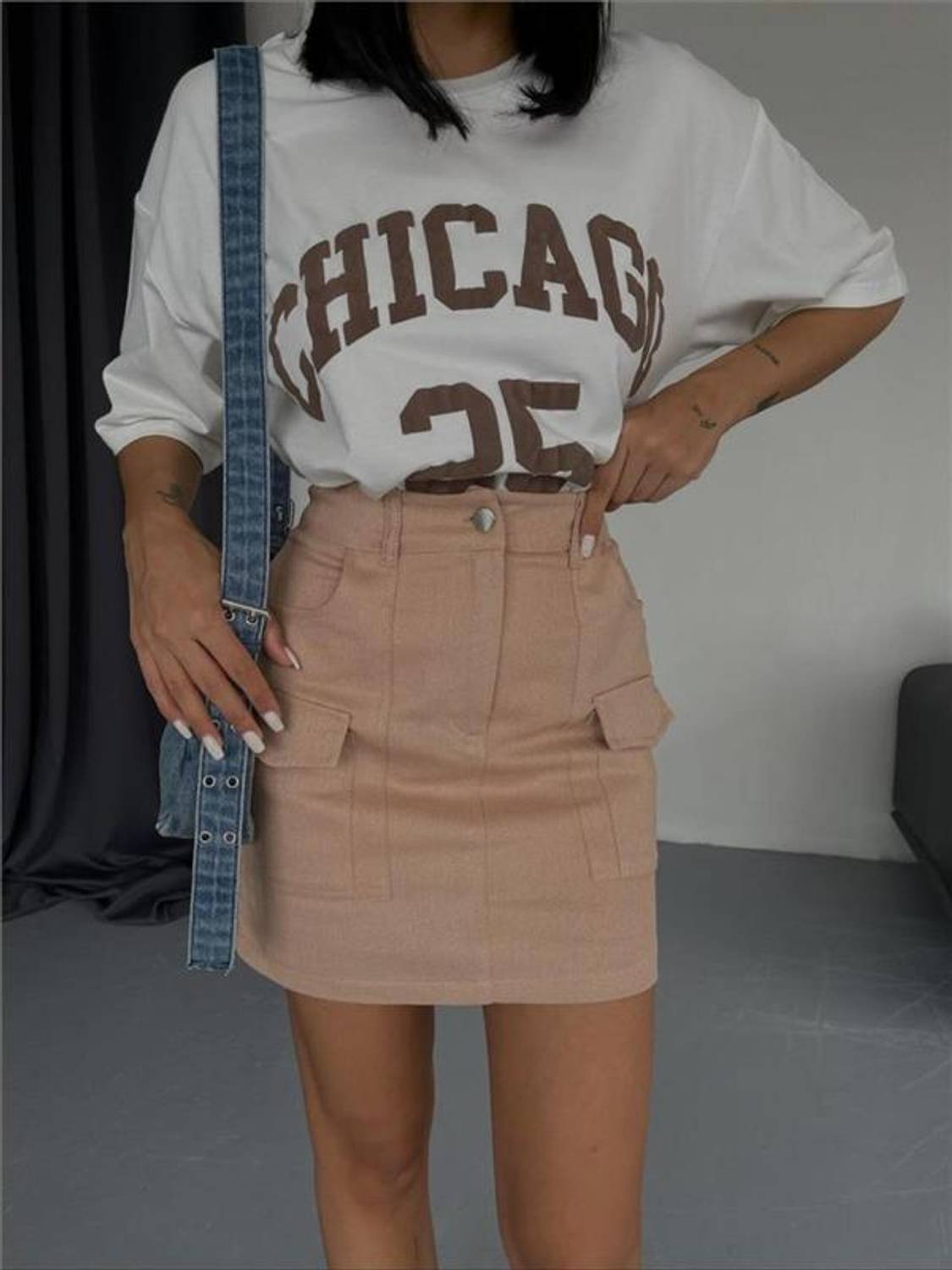 GABARDİN KISA ETEK CEP DETAYLI - Bej