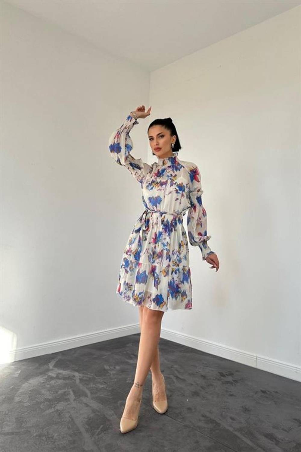 Bej Gipeli Kat Kat Mini Elbise