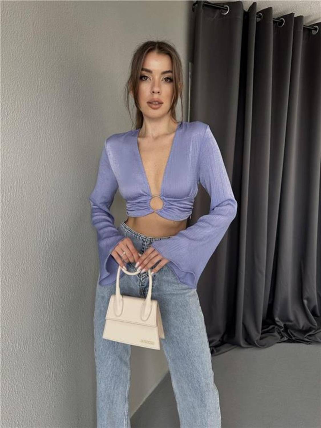 SATEN CROP TOKA DETAYLI BLUZ - Lila