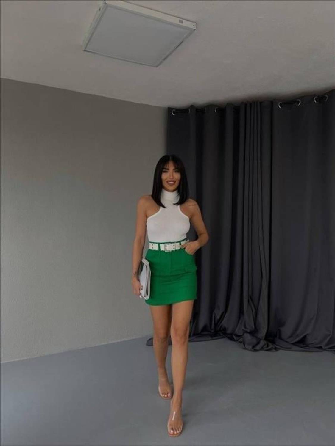 GABARDİN KISA ETEK CEP DETAYLI - Yeşil