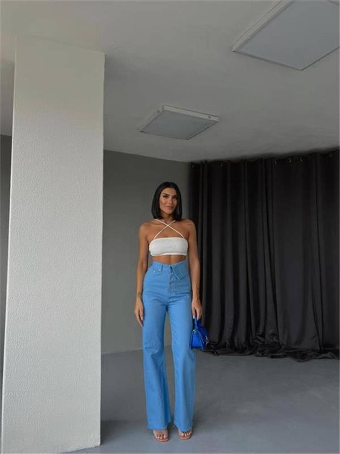 KOT PANTOLON BEL DETAYLI DÜĞMELİ - Mavi