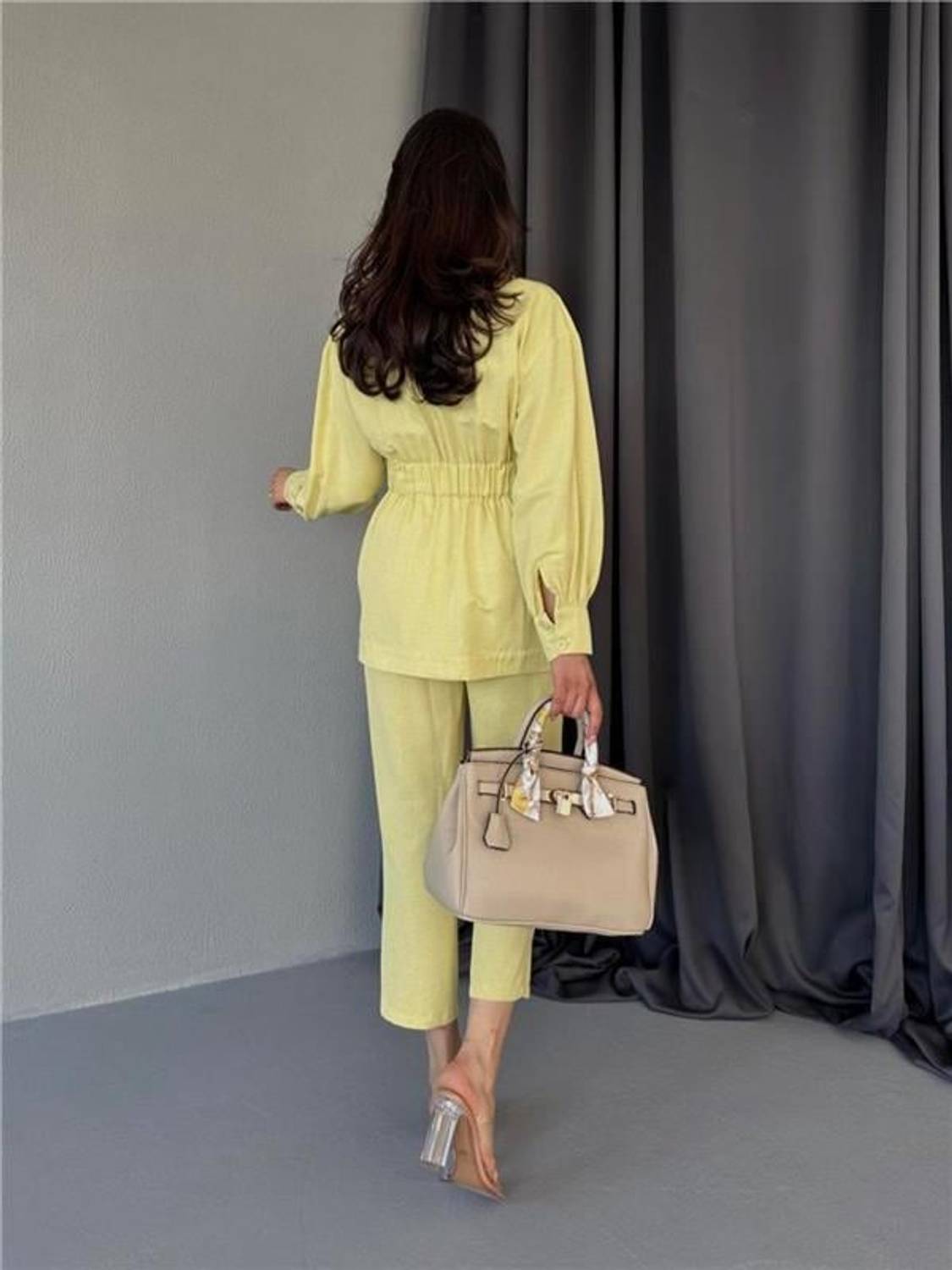 BEL BÜZGÜ DETAYLI PANTOLON - CEKET TAKIM KETEN - Sarı