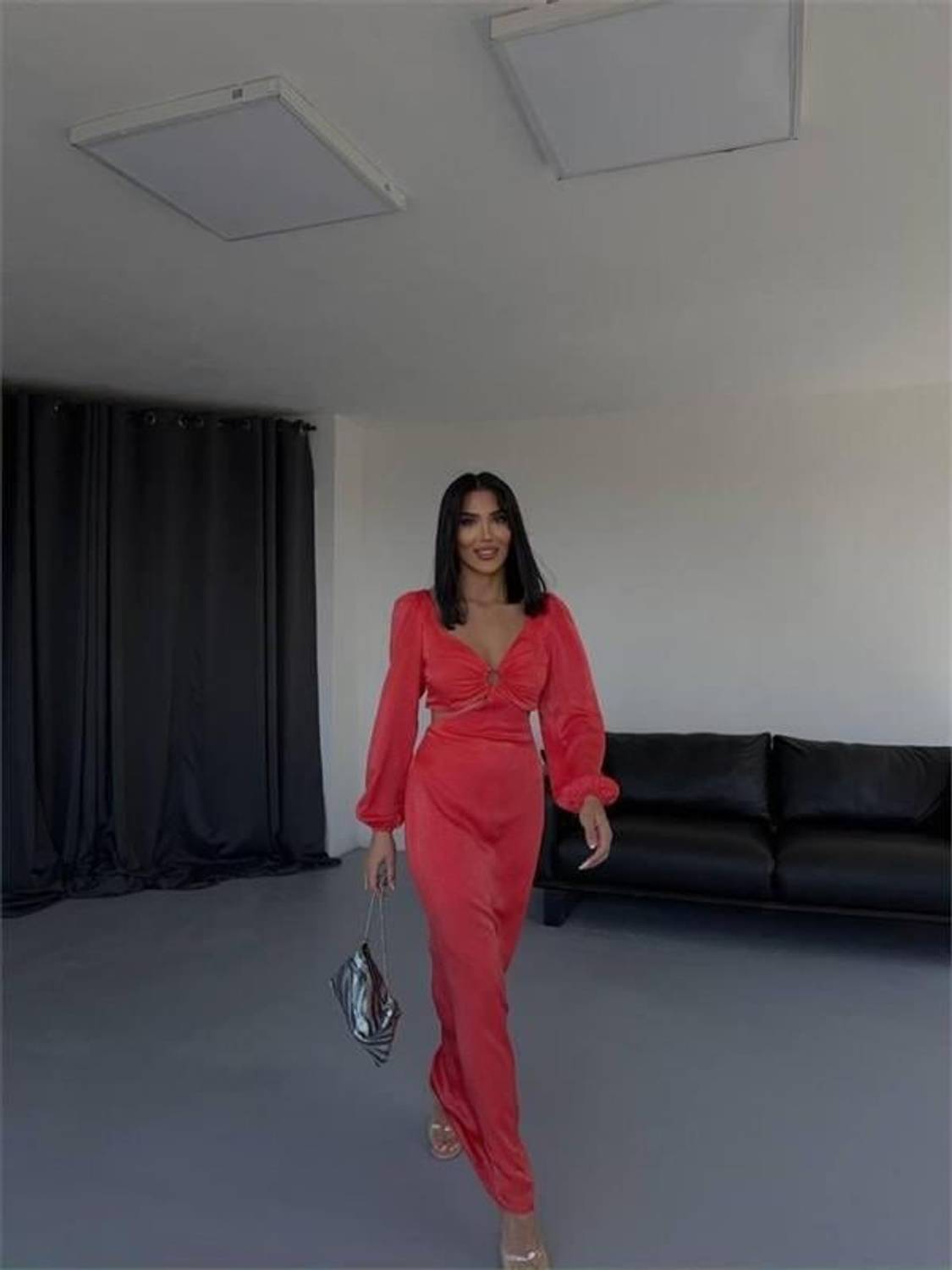 BEL DEKOLTELİ TOKALI ELBİSE SATEN - Mercan