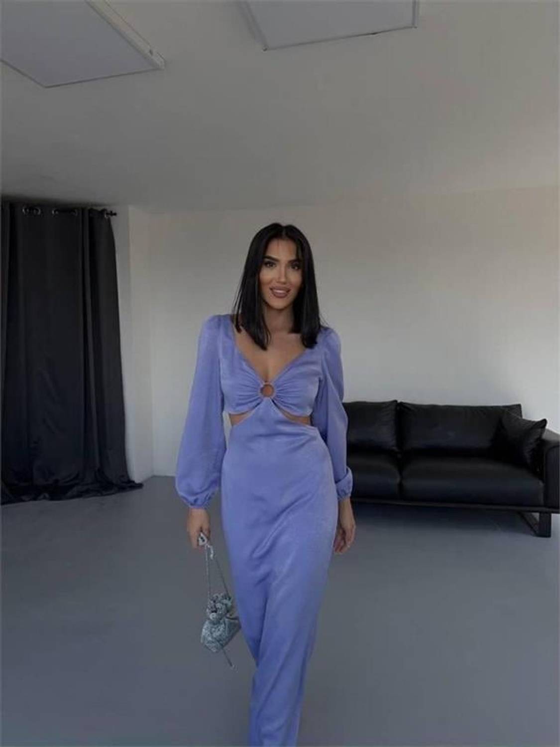 BEL DEKOLTELİ TOKALI ELBİSE SATEN - Lila