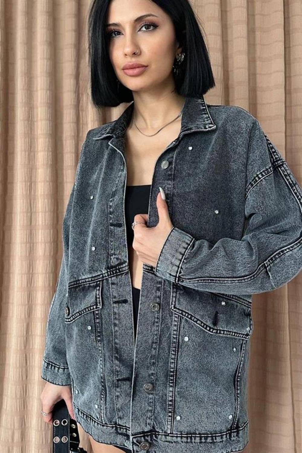 Siyah Taşlı Kot Ceket