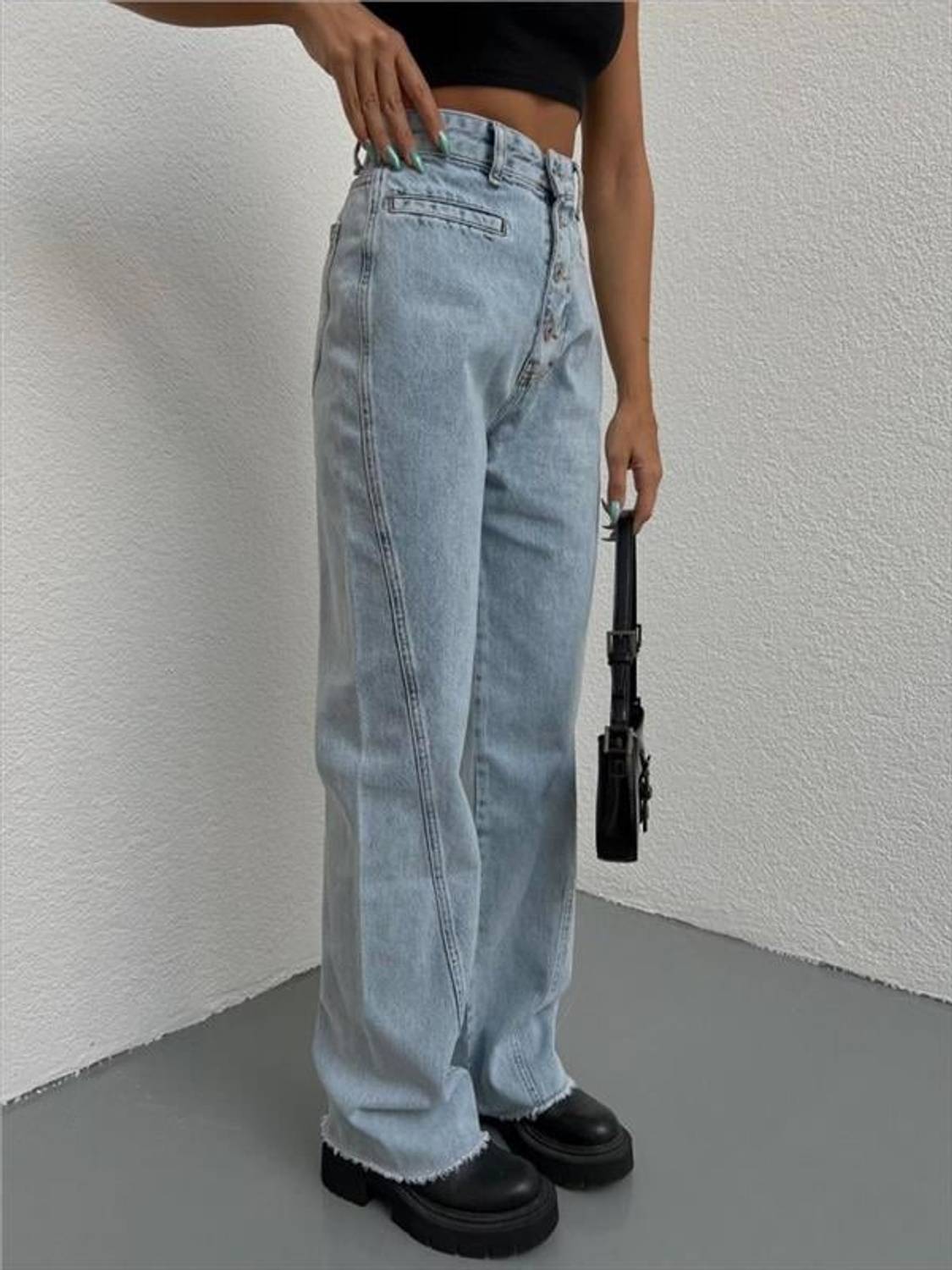 DÜĞME DETAYLI KOT PANTOLON - Buz Mavi