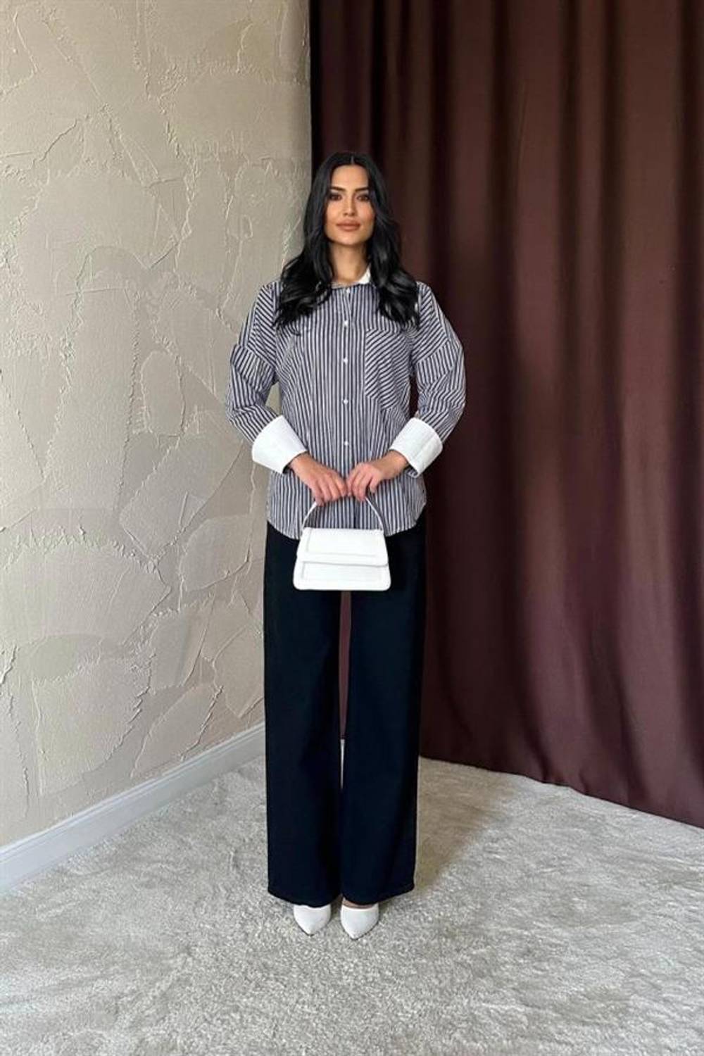 Siyah Çizgili Poplin Uzun Kol Gömlek