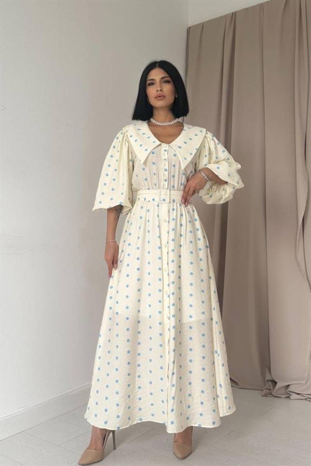 Mavi Puantiyeli Bebe Yaka Elbise