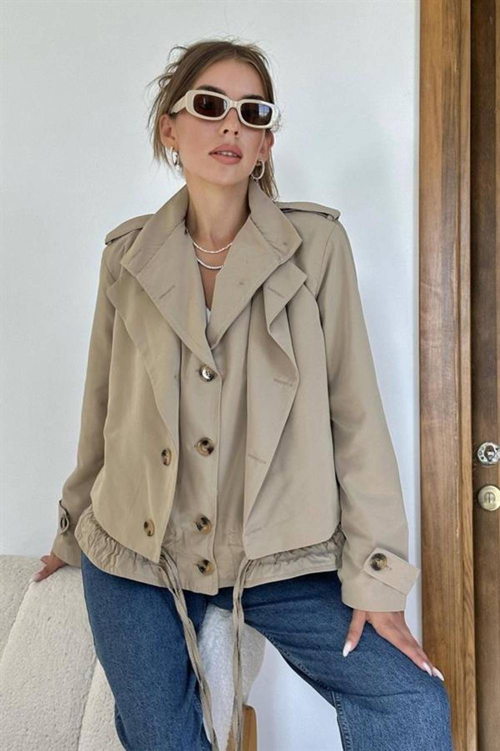Açık Haki Çift Katlı Kısa Ceket
