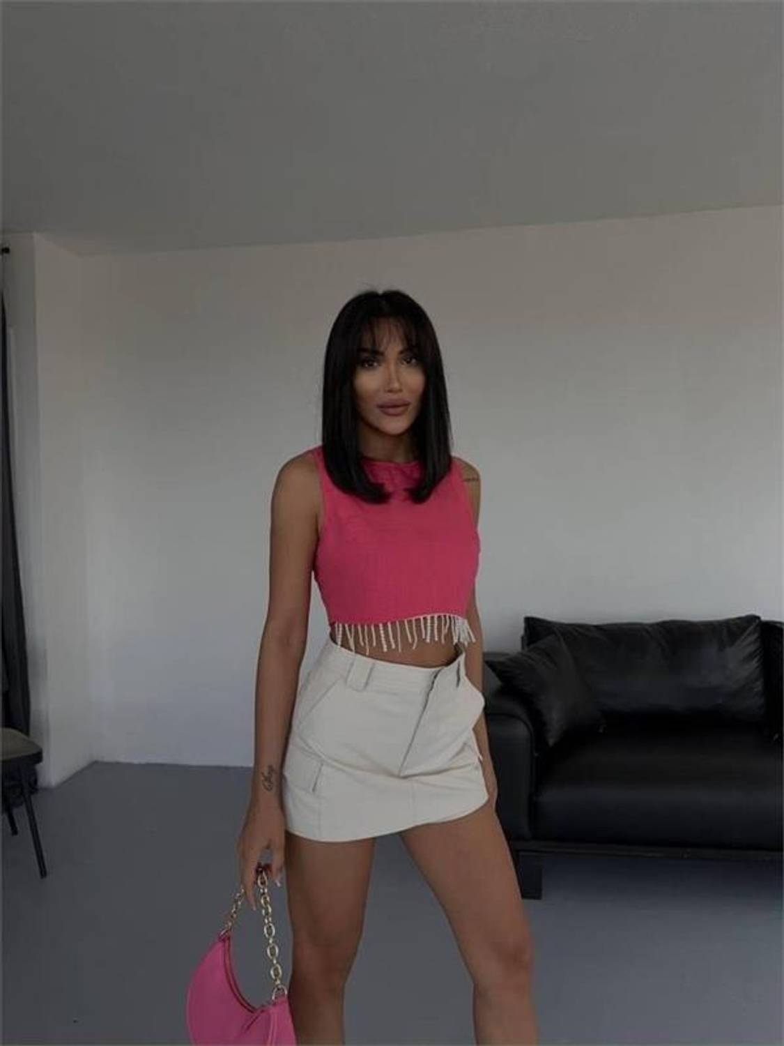 KETEN CROP KOLSUZ BLUZ SALLAMA TAŞLI - Fuşya