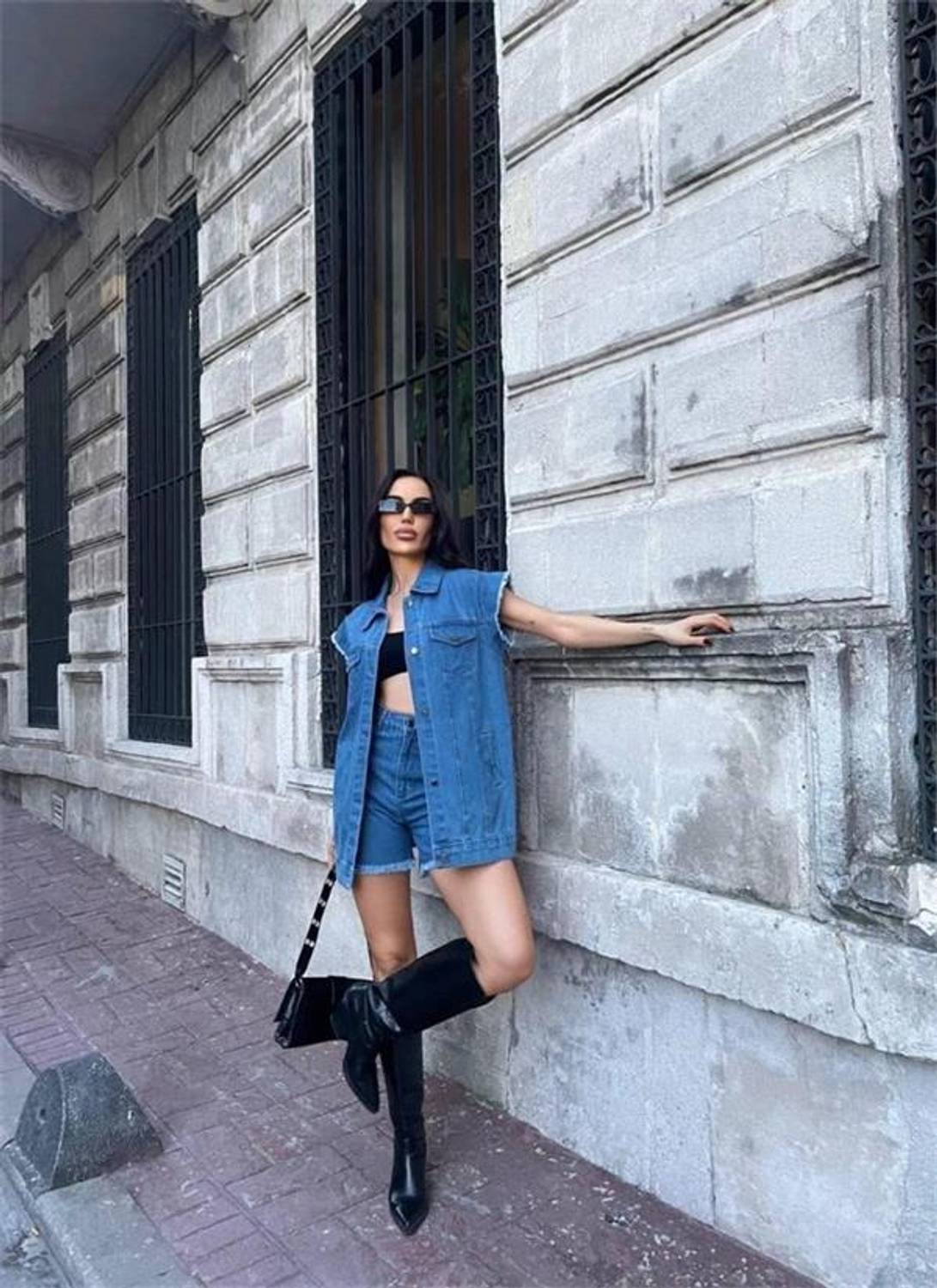 KOT YELEK - ŞORT TAKIM PÜSKÜL DETAYLI - Koyu Mavi