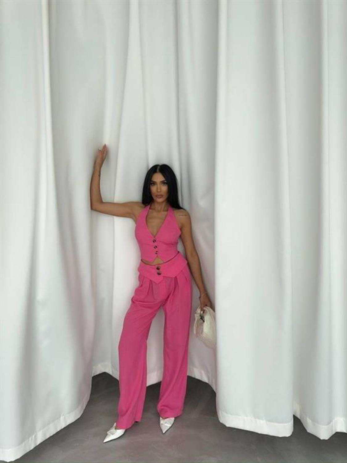 PANTOLON KENDİNDEN KEMER DETAYLI - Pembe