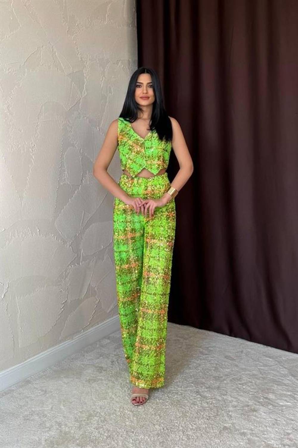 Yeşil Pullu Yelek Ve Pantolon Takım