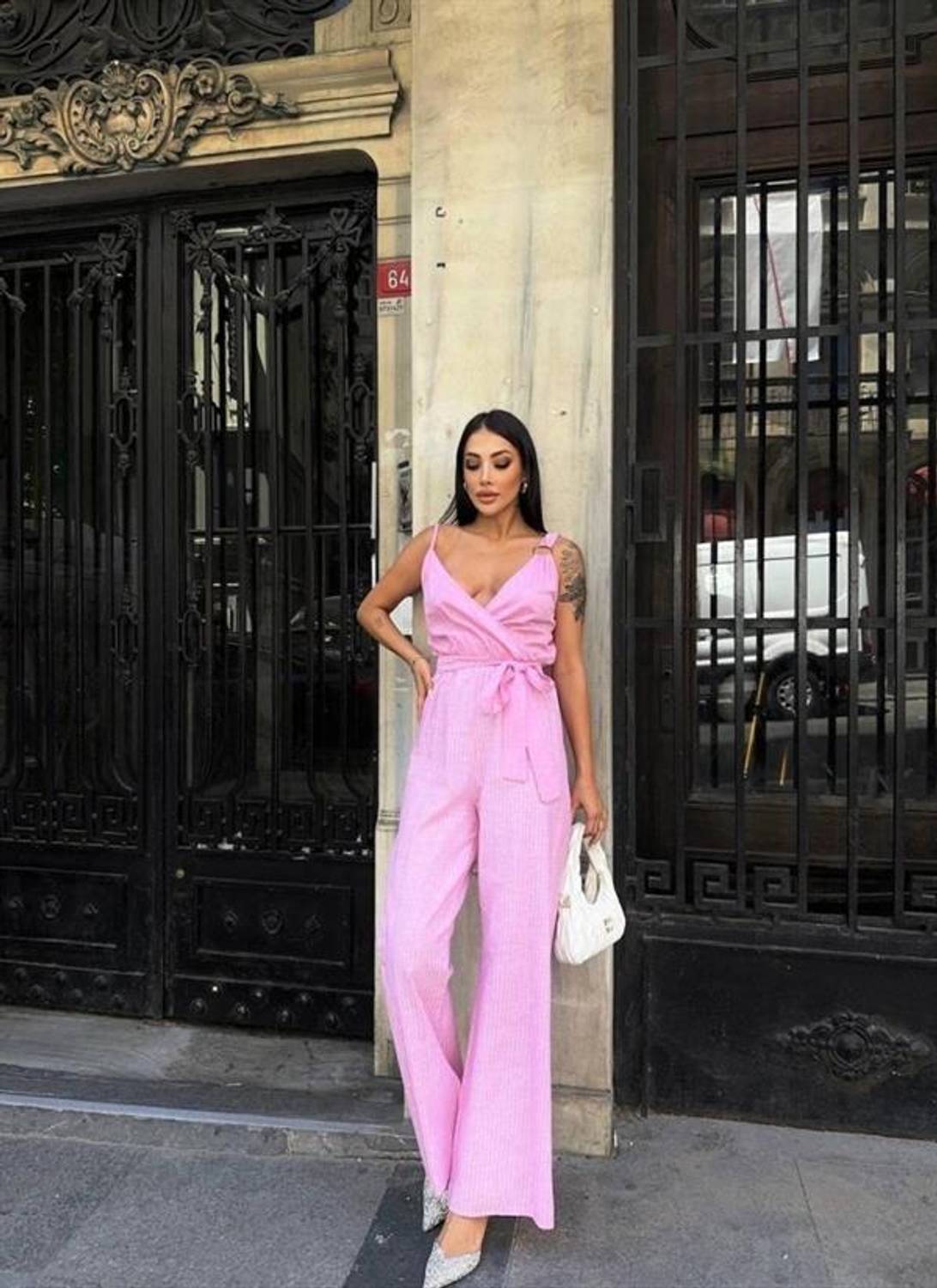 ASKILI ÇİZGİLİ KETEN TULUM - Pembe