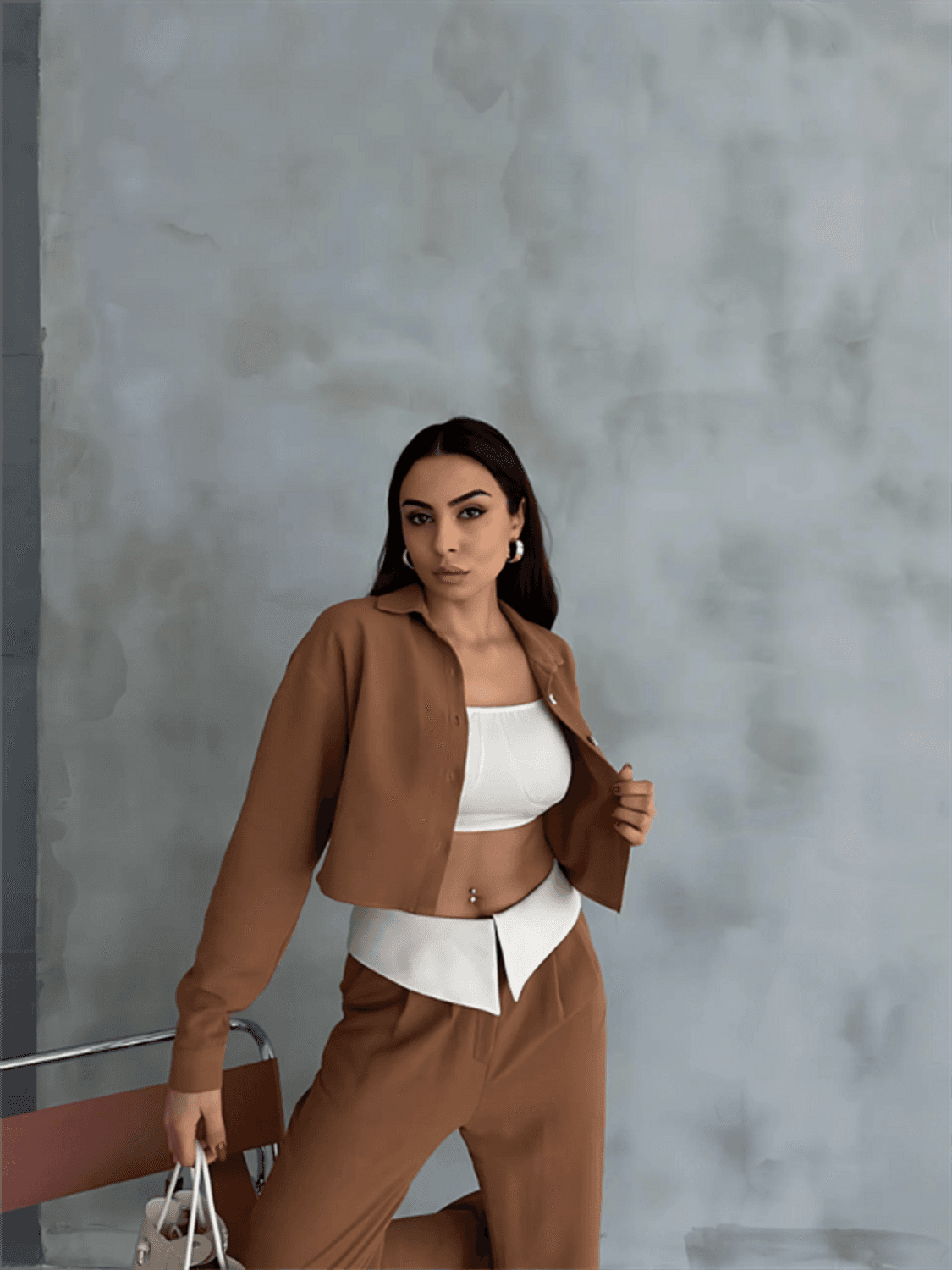 KETEN GÖMLEK-CROP-SALAŞ PANTOLON TAKIM - Kahverengi