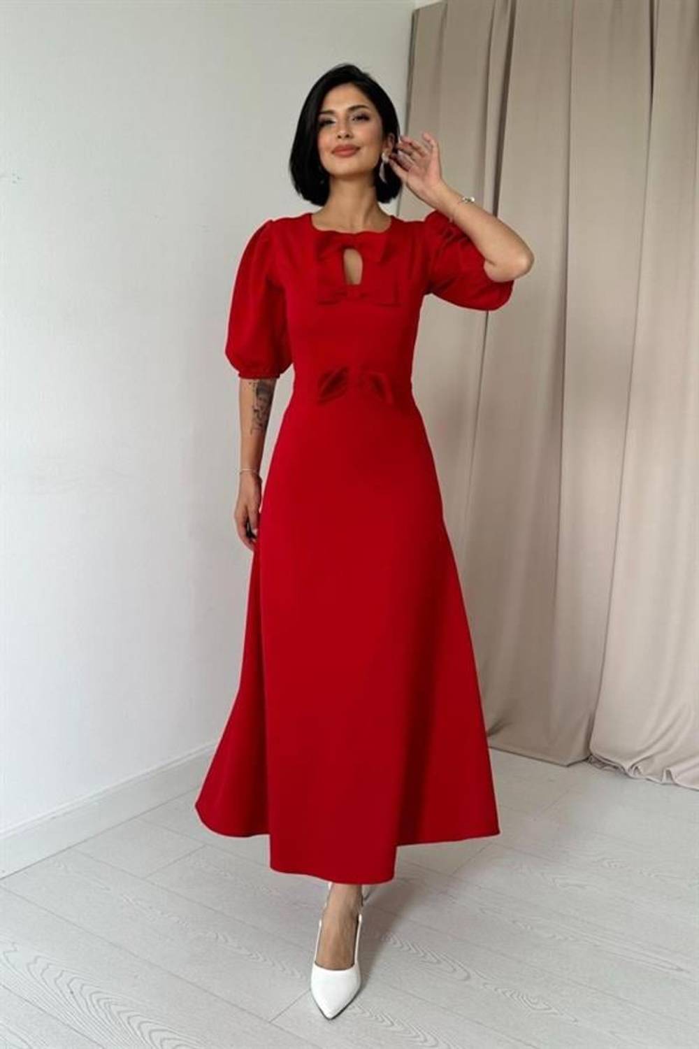 Kırmızı Fiyonklu Midi Elbise