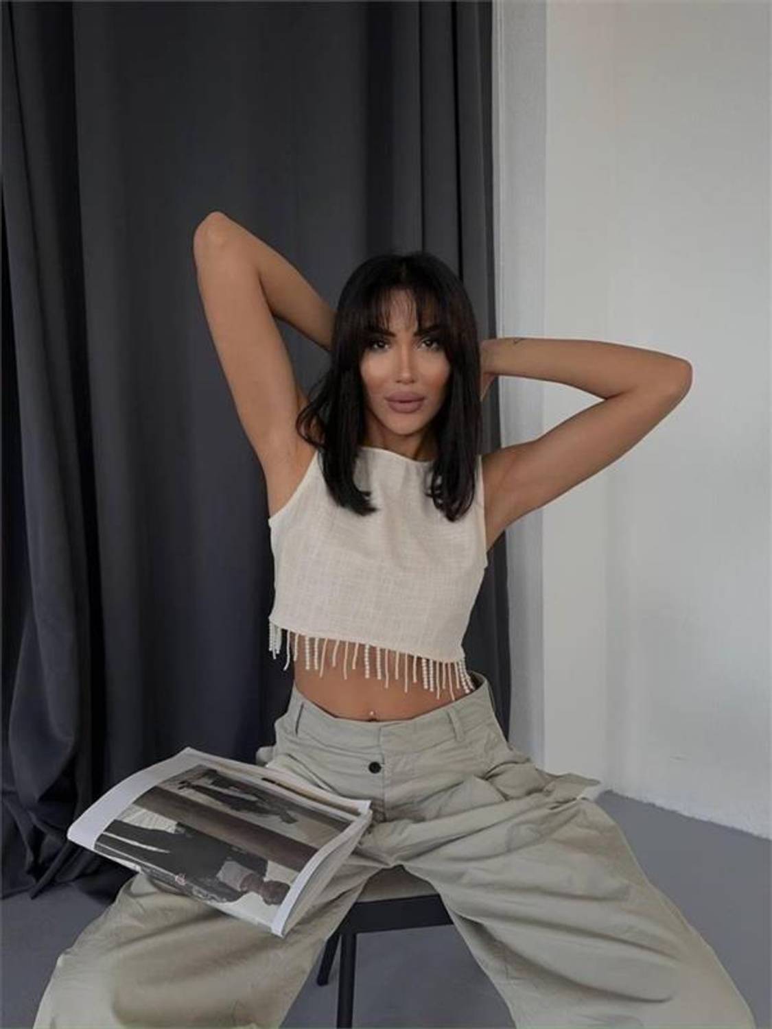 KETEN CROP KOLSUZ BLUZ SALLAMA TAŞLI - Ham