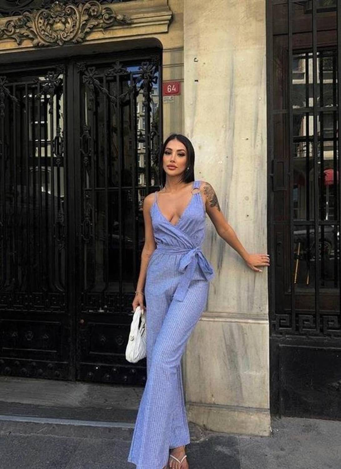 ASKILI ÇİZGİLİ KETEN TULUM - Mavi