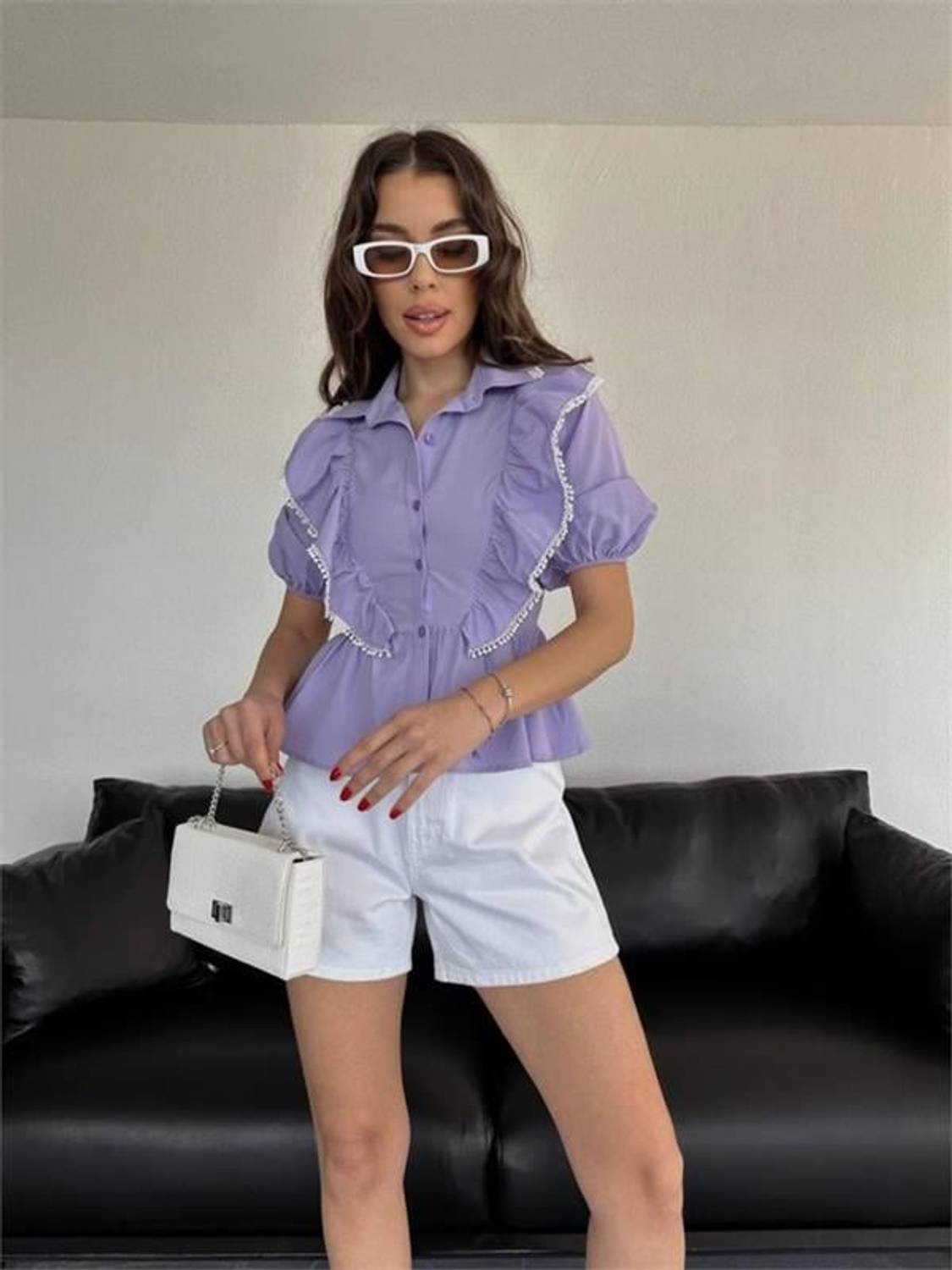 BELDEN OTURTMALI FIRFIRLI GÖMLEK - Lila