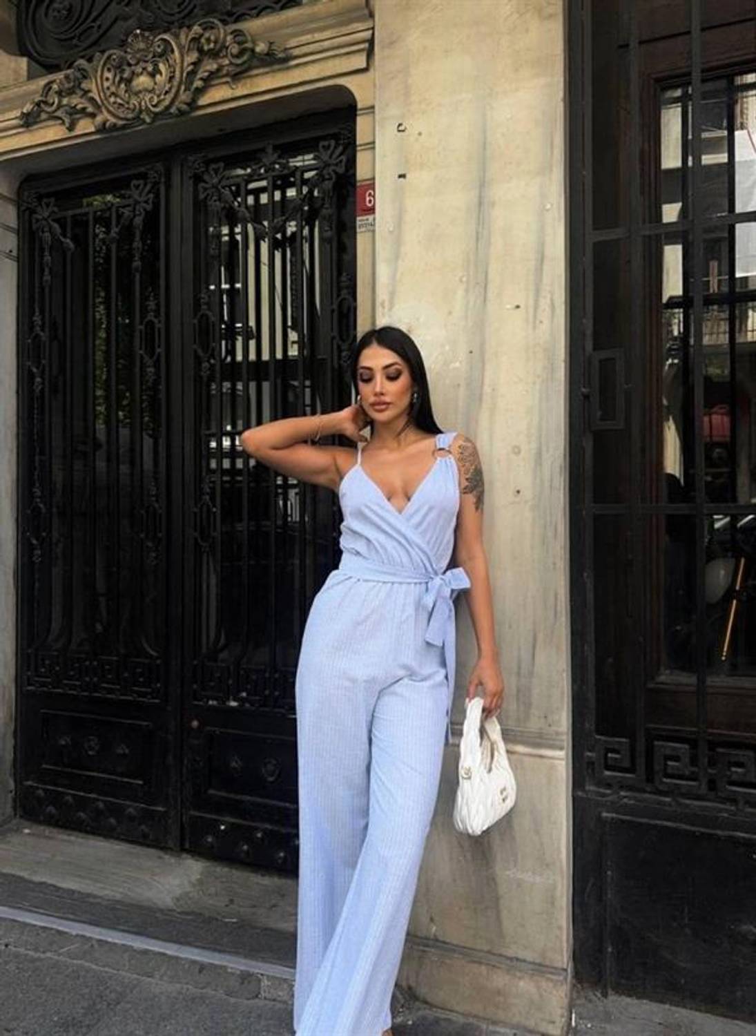 ASKILI ÇİZGİLİ KETEN TULUM - Turkuaz