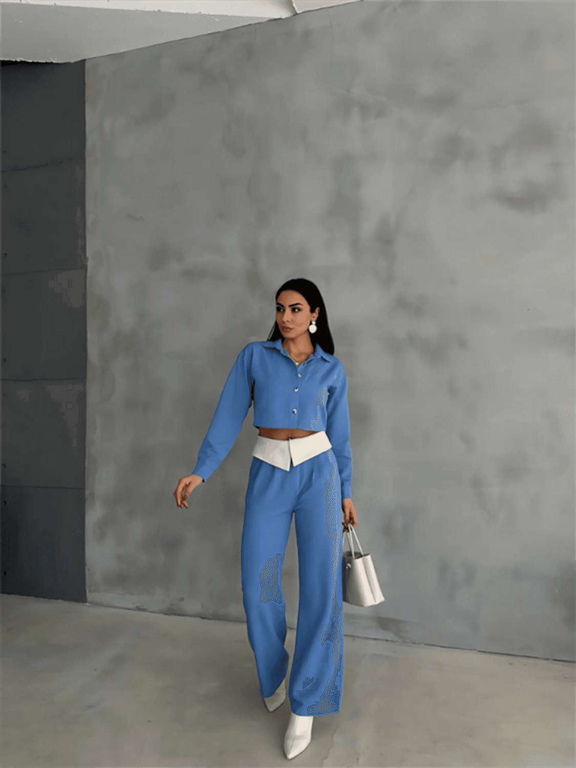 KETEN GÖMLEK-CROP-SALAŞ PANTOLON TAKIM - Mavi