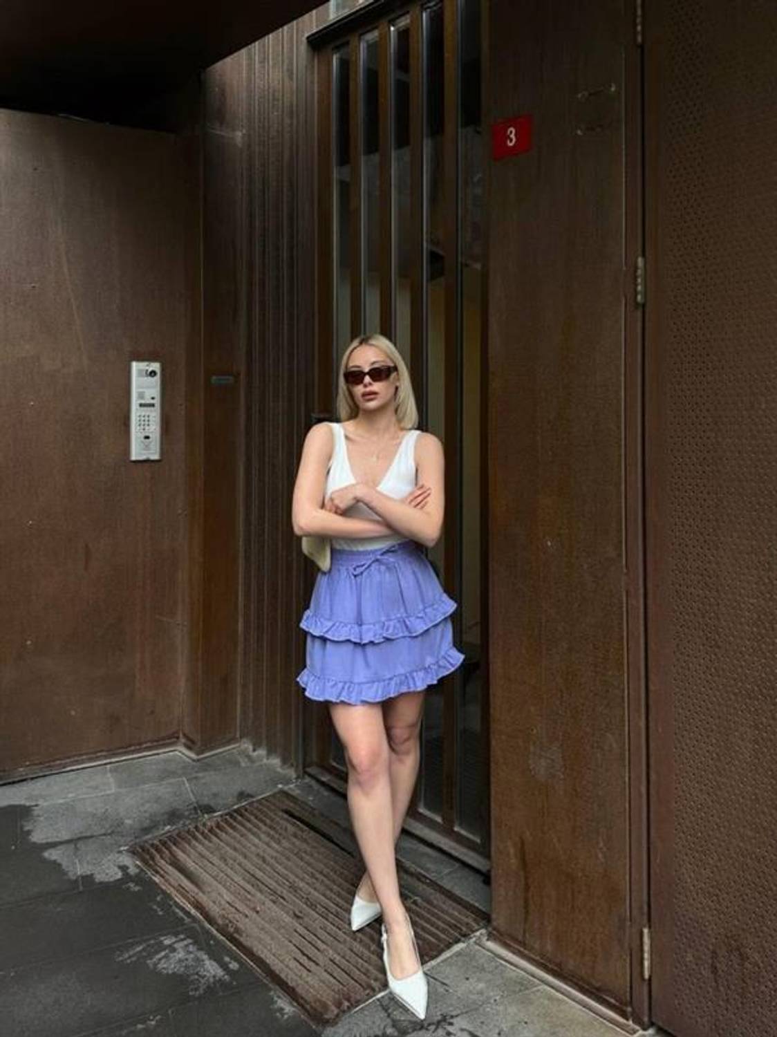 BEL LASTİKLİ KAT FIRFIR DETAYLI KISA ETEK - Lila