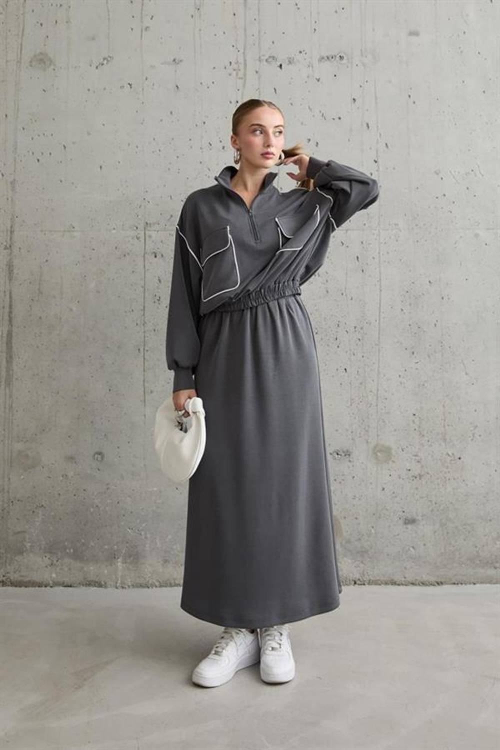 Füme Biyeli Sweatshirt Ve Etek Takım