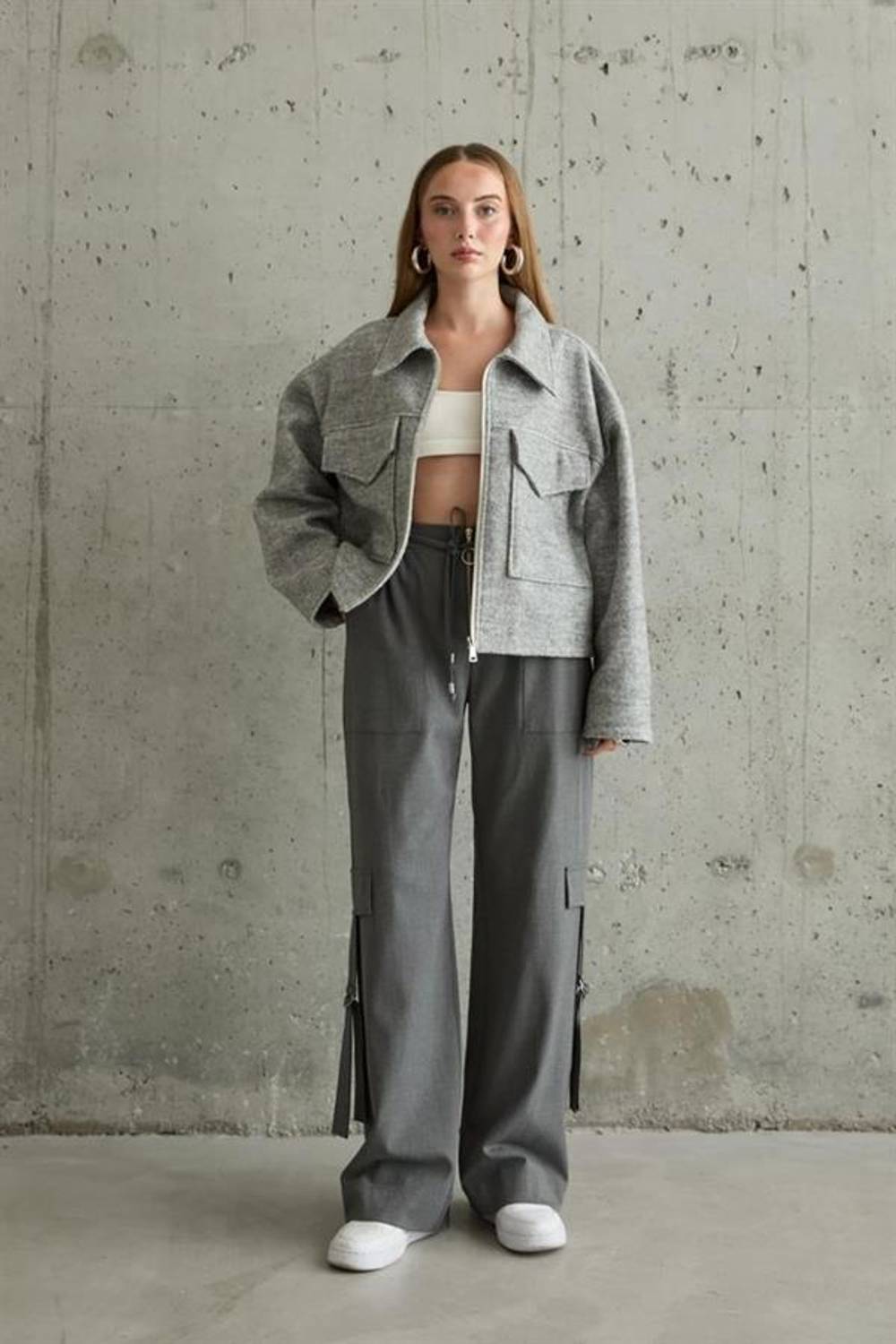 Gri Cebi Kapaklı Kaşe Ceket