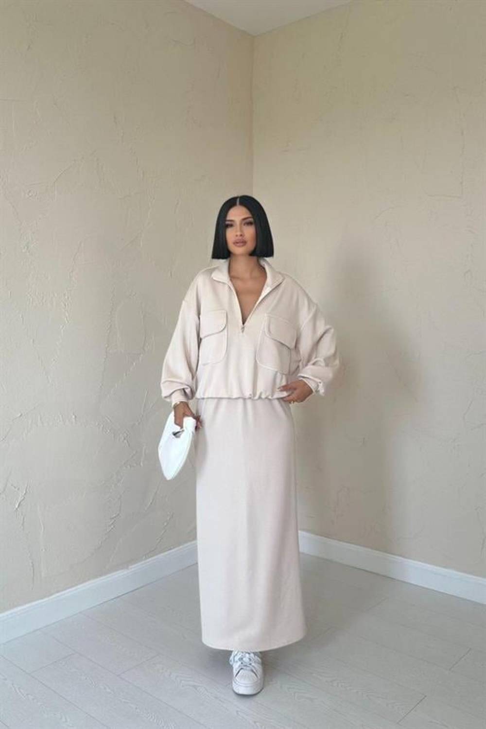 Bej Biyeli Sweatshirt Ve Etek Takım