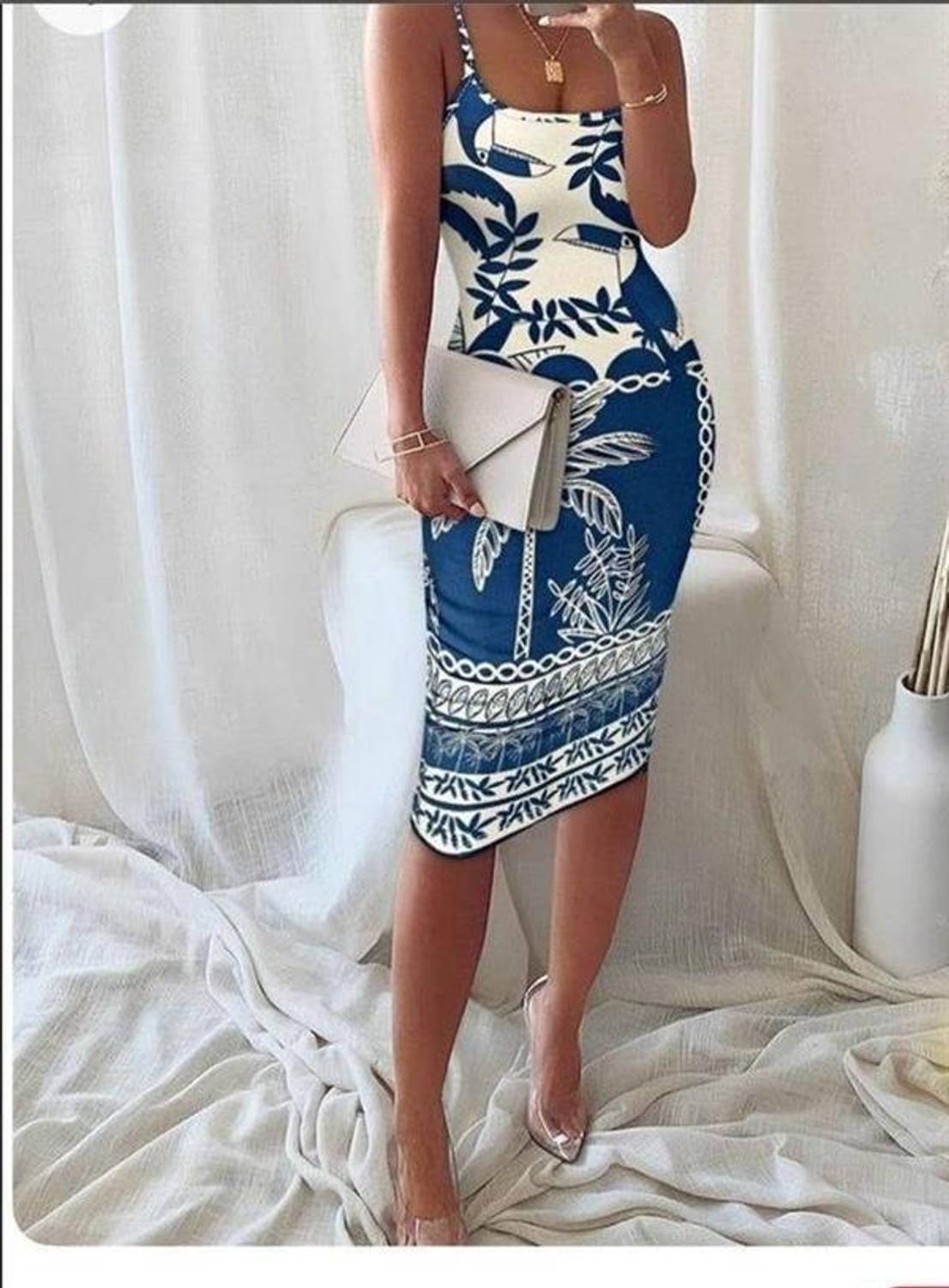 Kadın Omuz Askılı Dijital Baskılı Midi Boy Elbise