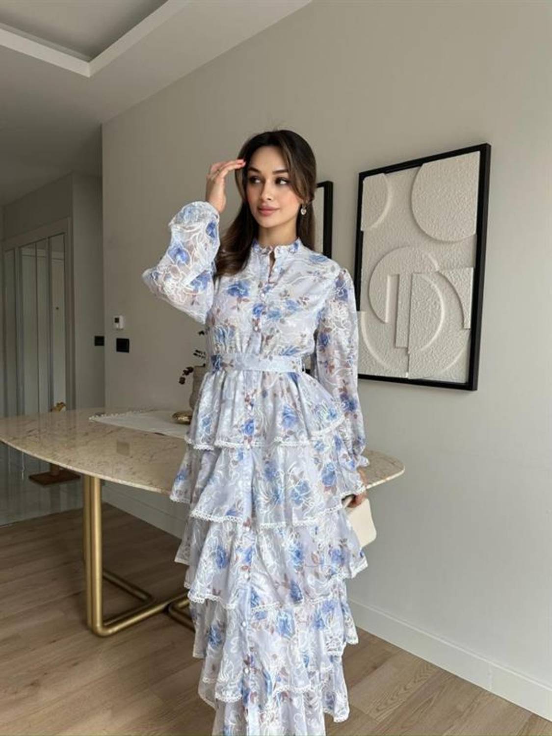 Mavi Valonlu Şeritli Kat Kat Elbise