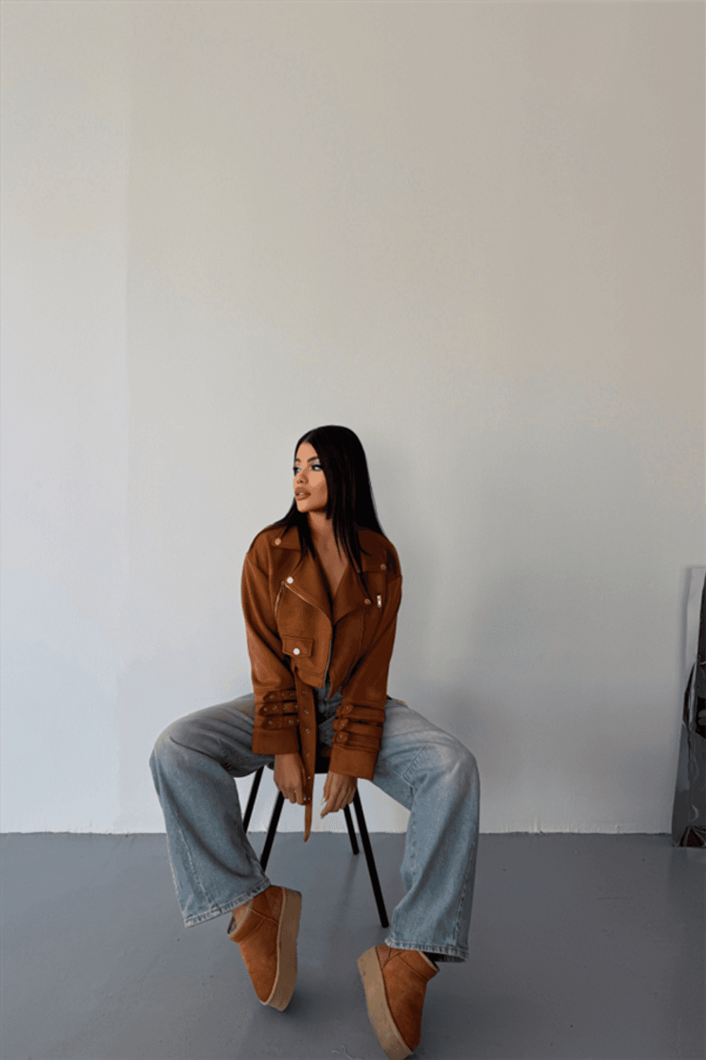 SÜET CROP CEKET KOL 3 KEMER DETAYLI - Taba