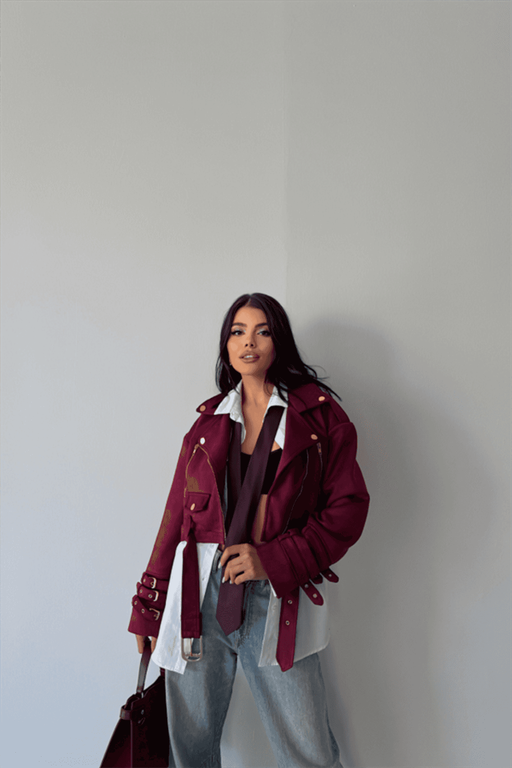 SÜET CROP CEKET KOL 3 KEMER DETAYLI - Bordo