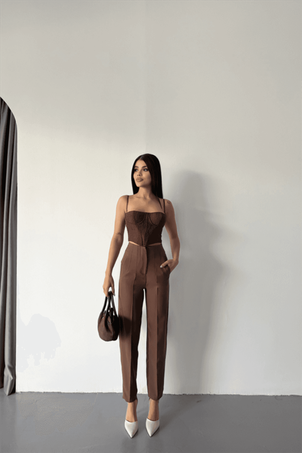 PANTOLON PENSLİ ATLAS KUMAŞ - Kahverengi