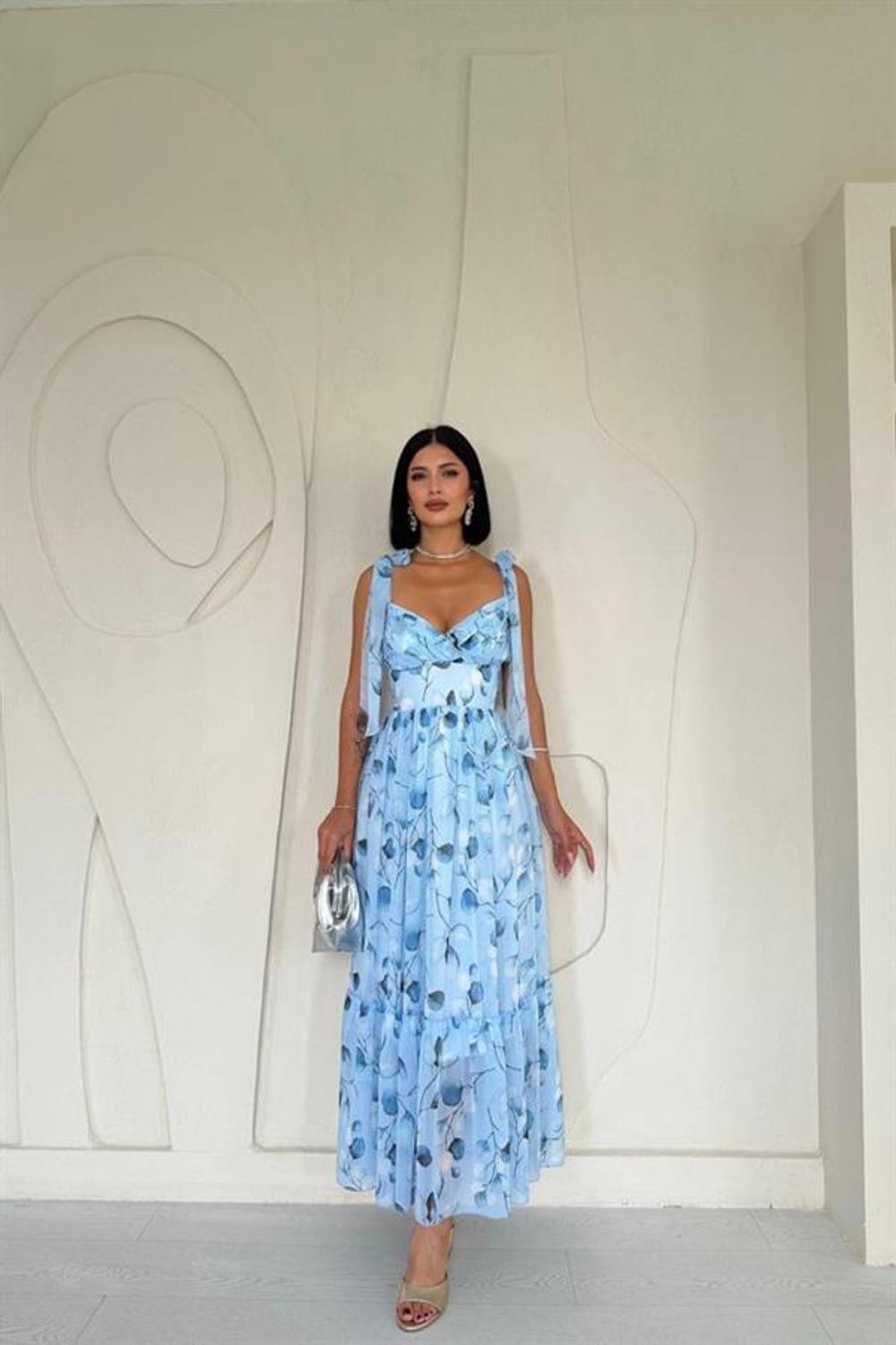 Mavi Şifon Drapeli Elbise