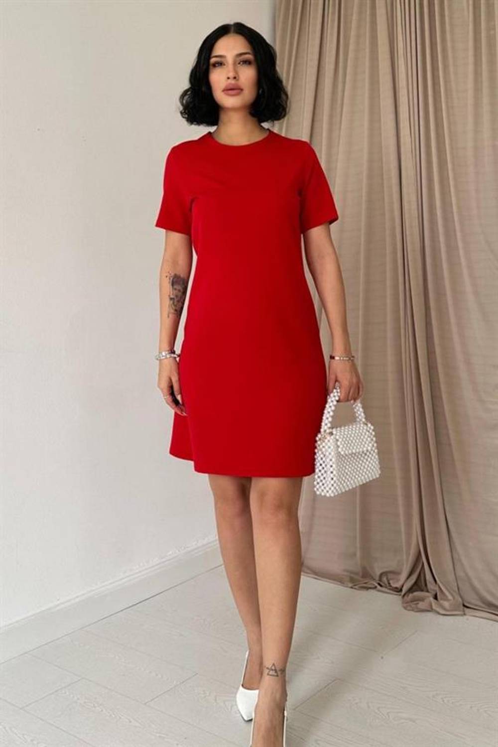 Kırmızı Kısa Kol Atlas Mini Elbise