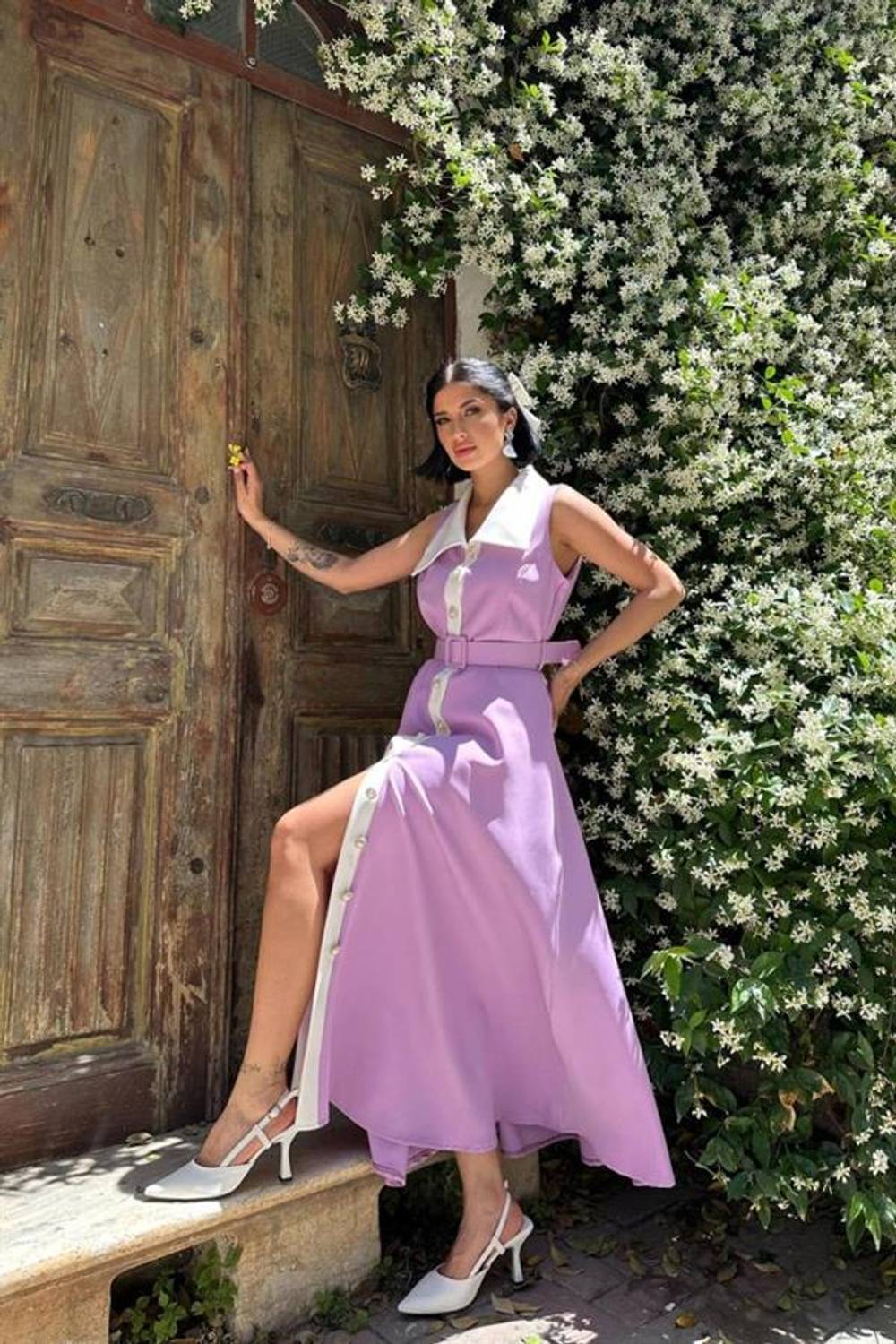 Lila Geniş Yakalı Halter Kollu Elbise