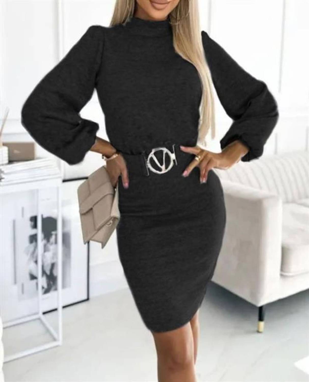 Kadın Uzun Kollu Kemer Dahil Mşnş Elbise