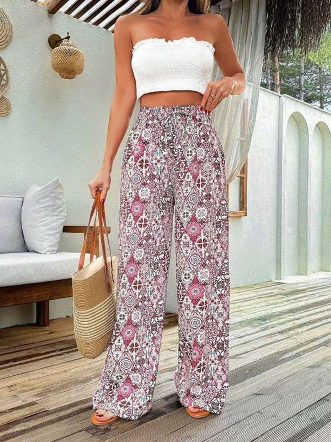 Kadın Yüksek Bel Etnik Desen Dokuma Viskon Salaş Pantolon