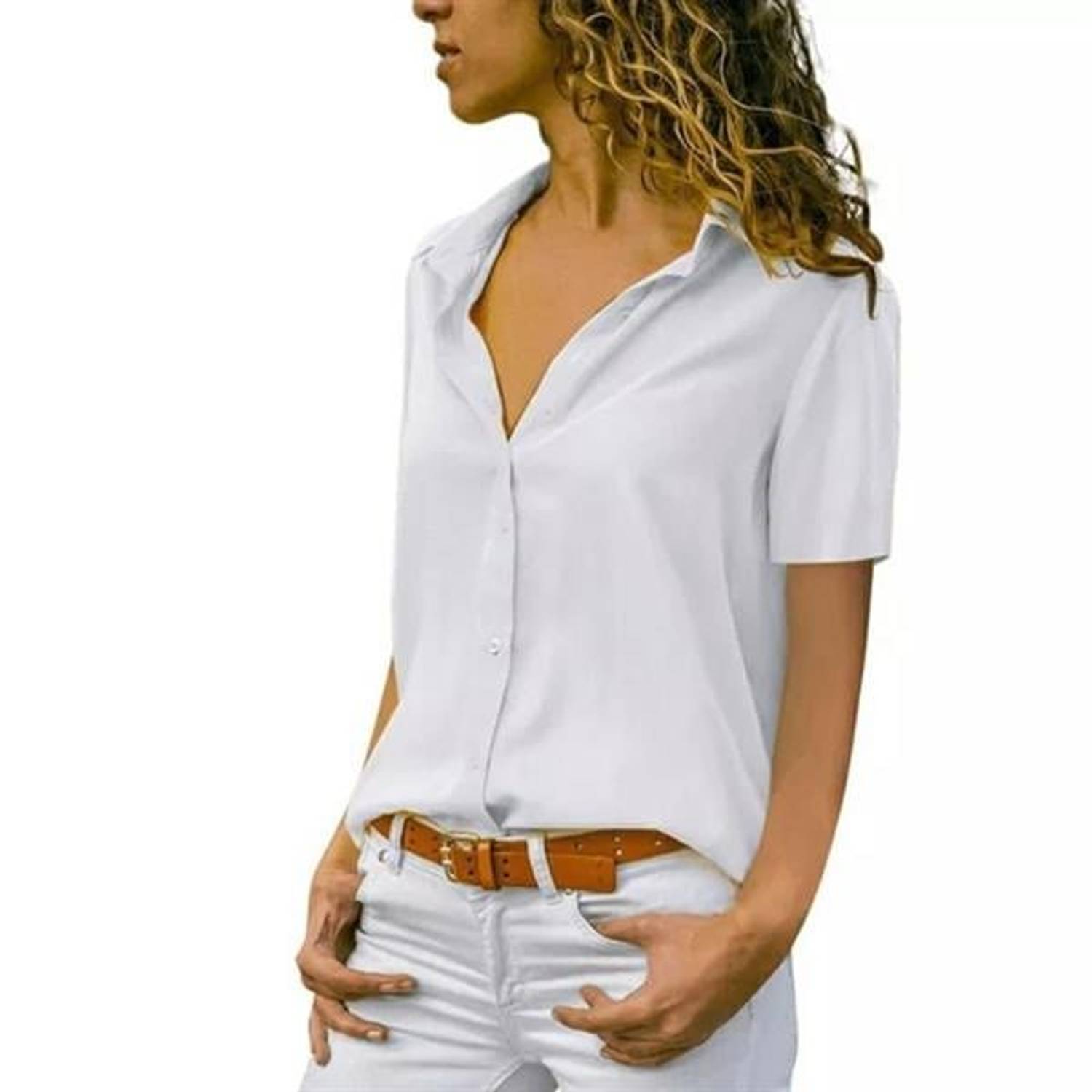 Kadın Kısa Kollu Dokuma Viskon Kumaş Gömlek