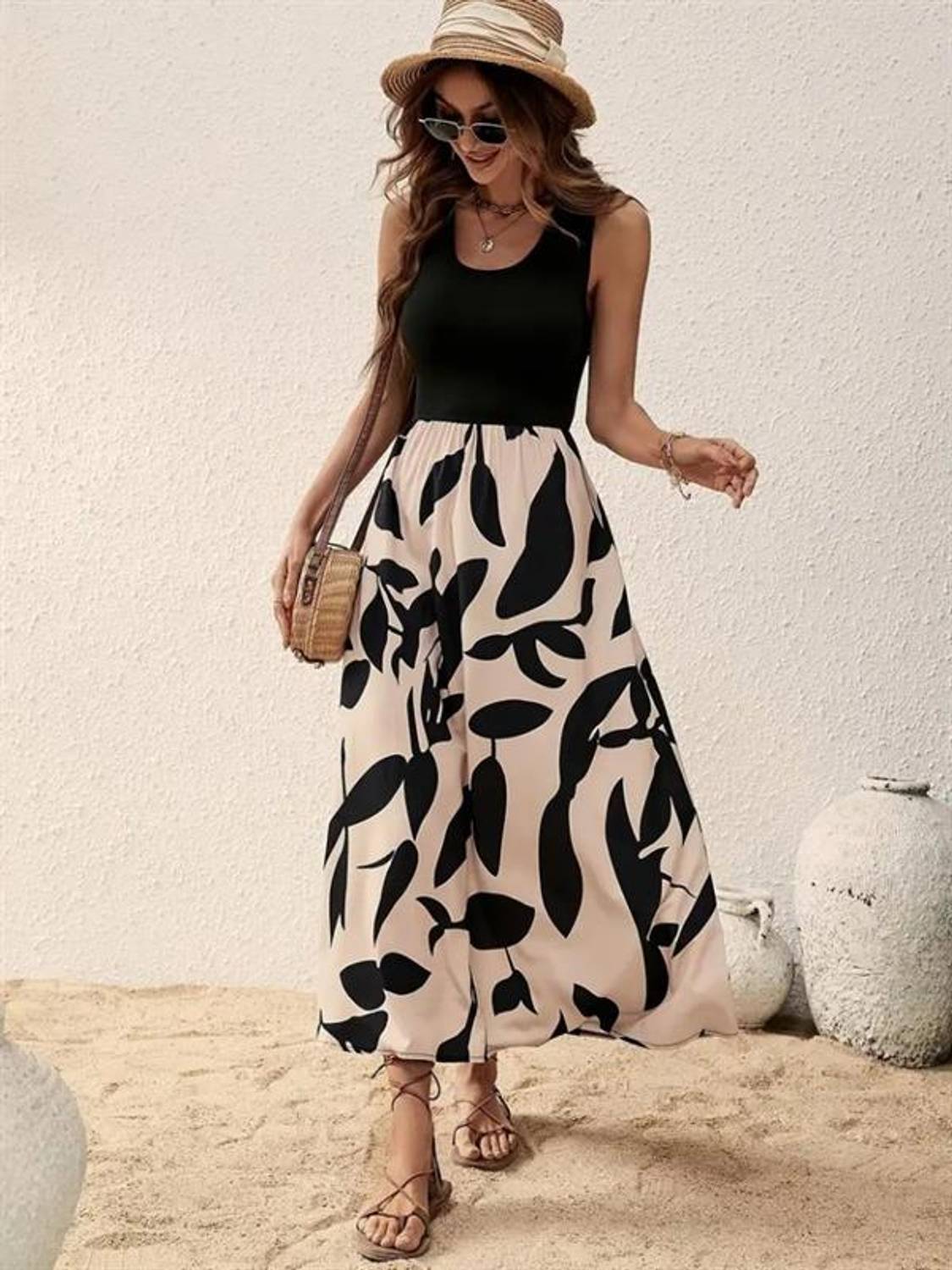 Kadın Askılı Yuvarlak Yaka Üst Viskon Alt Desenli Uzun Süprem Elbise