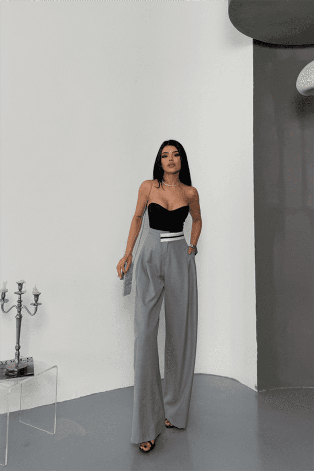 PANTOLON BEL ŞERİT DETAYLI - Gri