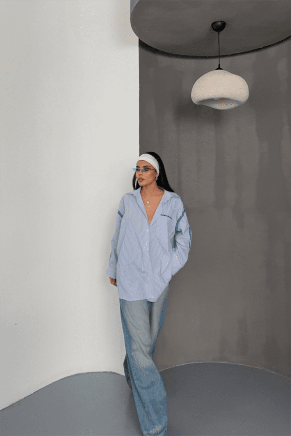 ÇİZGİLİ POLİN GÖMLEK BİYE ŞERİT DETAYLI - Mavi