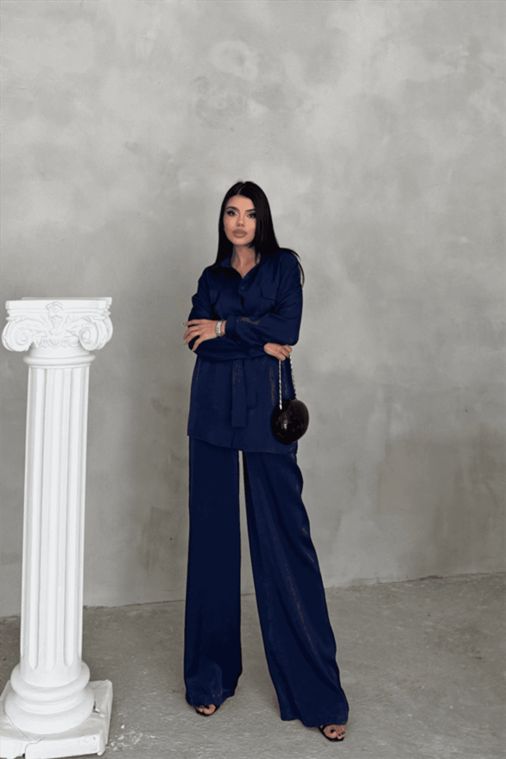 SİMLİ KUMAŞ SALAŞ PANTOLON - GÖMLEK TAKIM - Lacivert