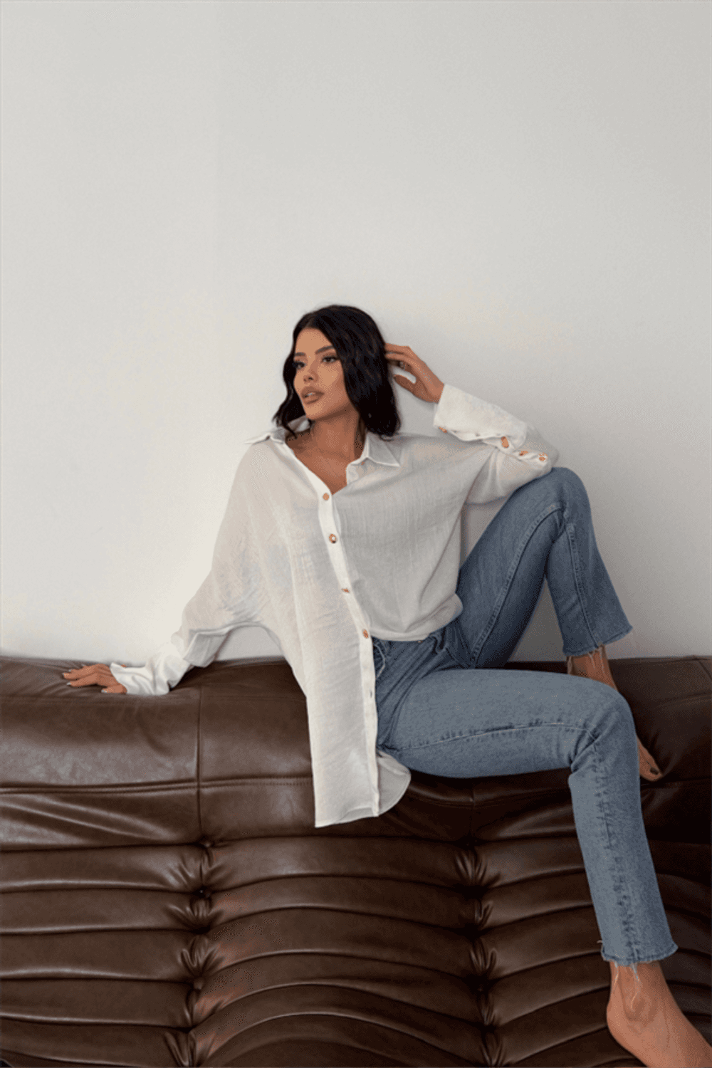 SATEN KRINKILL GÖMLEK MANŞET METAL DÜĞME SIRALI - Ekru