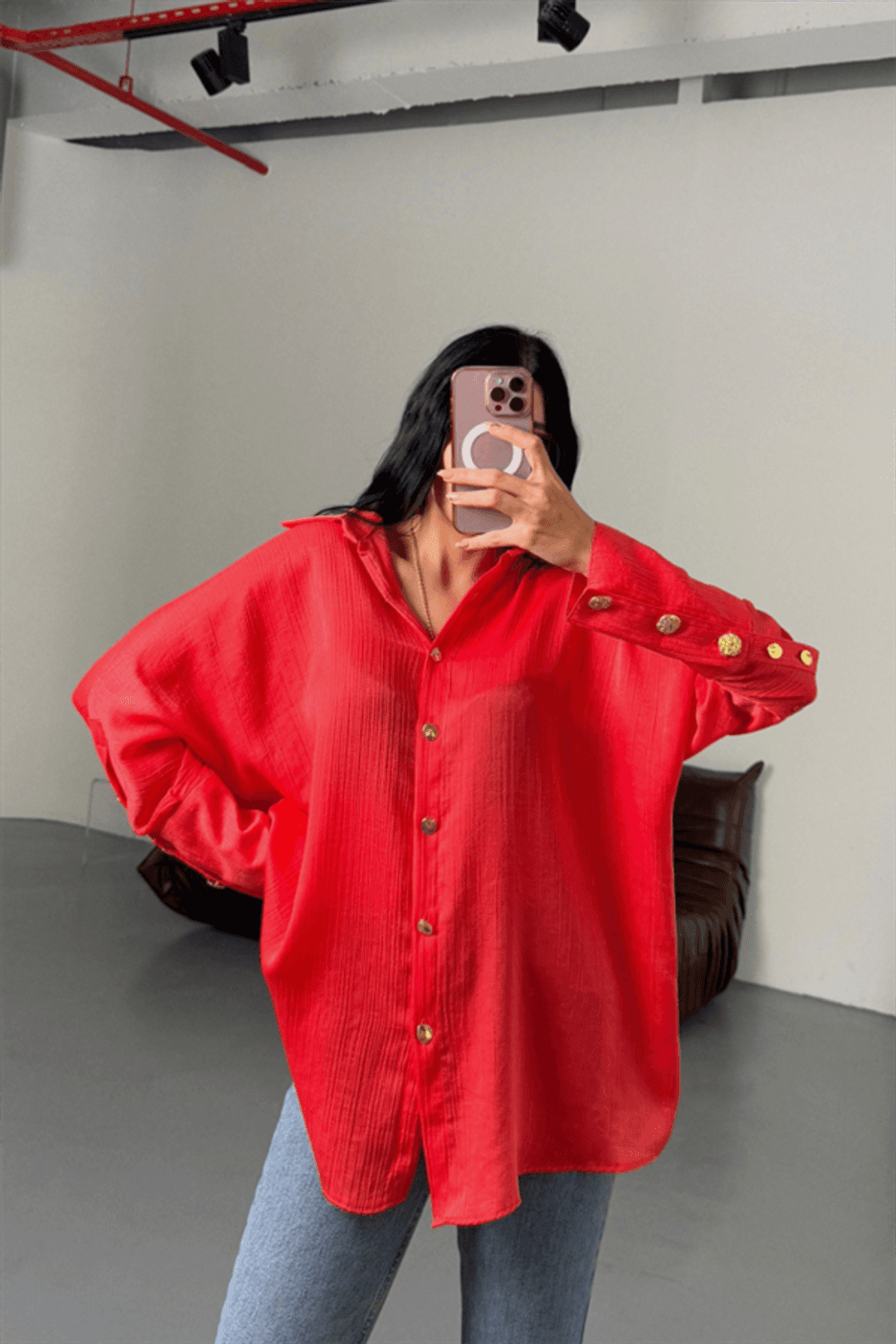 SATEN KRINKILL GÖMLEK MANŞET METAL DÜĞME SIRALI - Nar